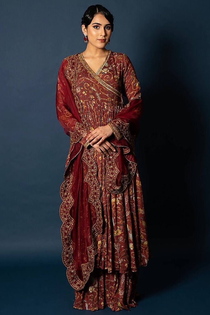 Red-Maroon Pure Chiffon Embroidered & Printed Anarkali Set by SAINY GARG COUTURE at Pernia's Pop Up Shop