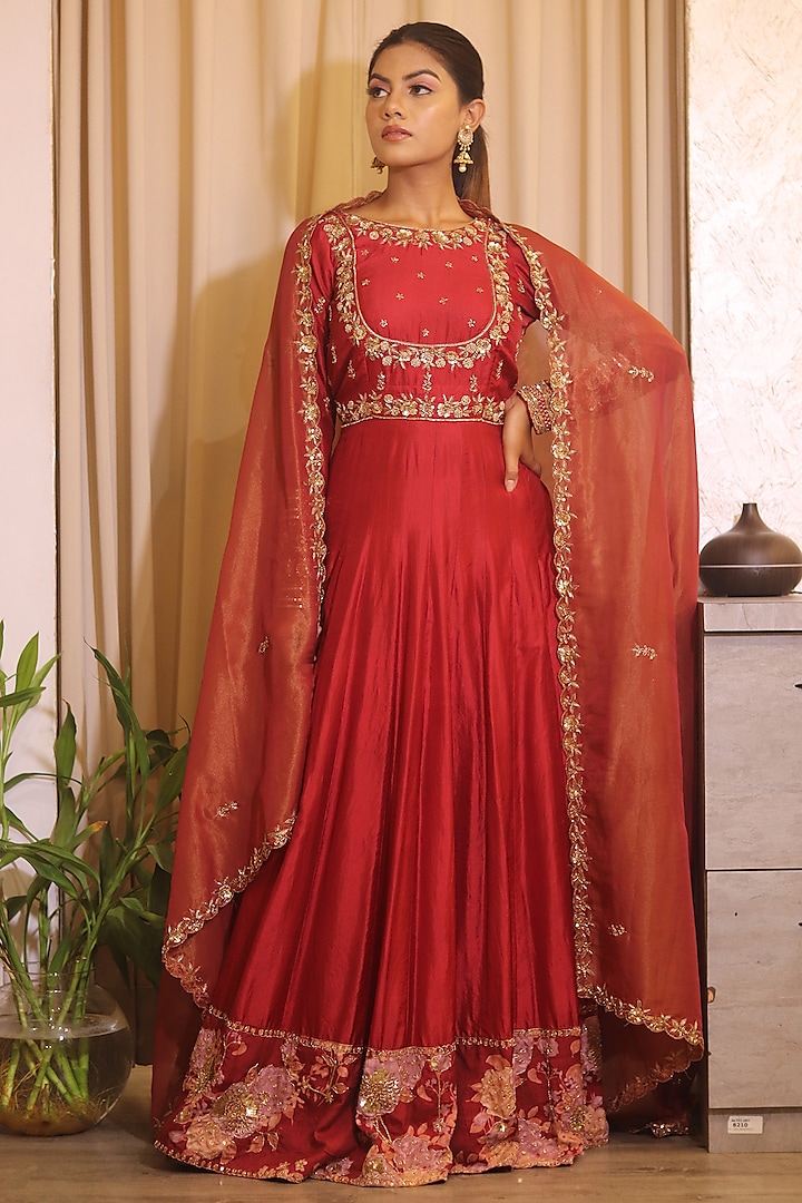 Rust Pure Silk Gold Embroidered Anarkali Set by SAINY GARG COUTURE at Pernia's Pop Up Shop