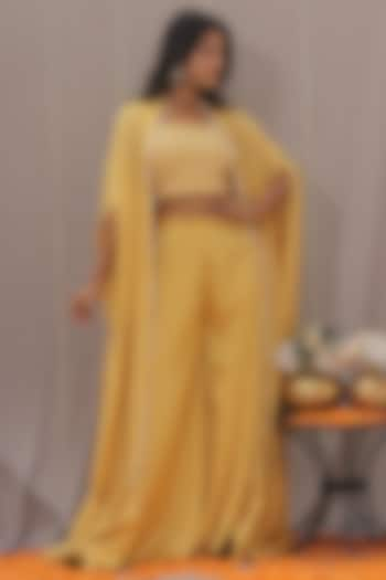 Yellow Chinon Shell Embellished Cape Set by SAINY GARG COUTURE at Pernia's Pop Up Shop