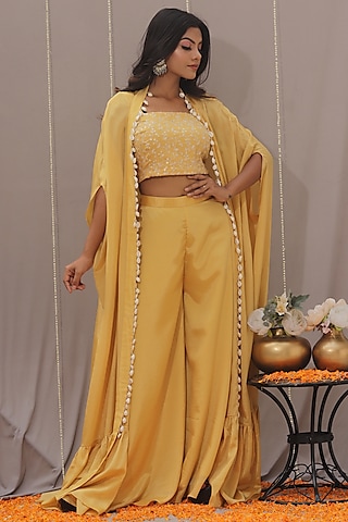 Yellow Chinon Shell Embellished Cape Set by SAINY GARG COUTURE