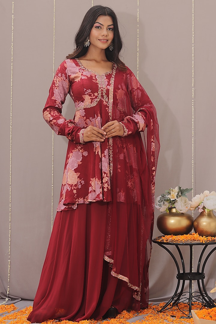 Red-Maroon Pure Georgette Sharara Set by SAINY GARG COUTURE at Pernia's Pop Up Shop