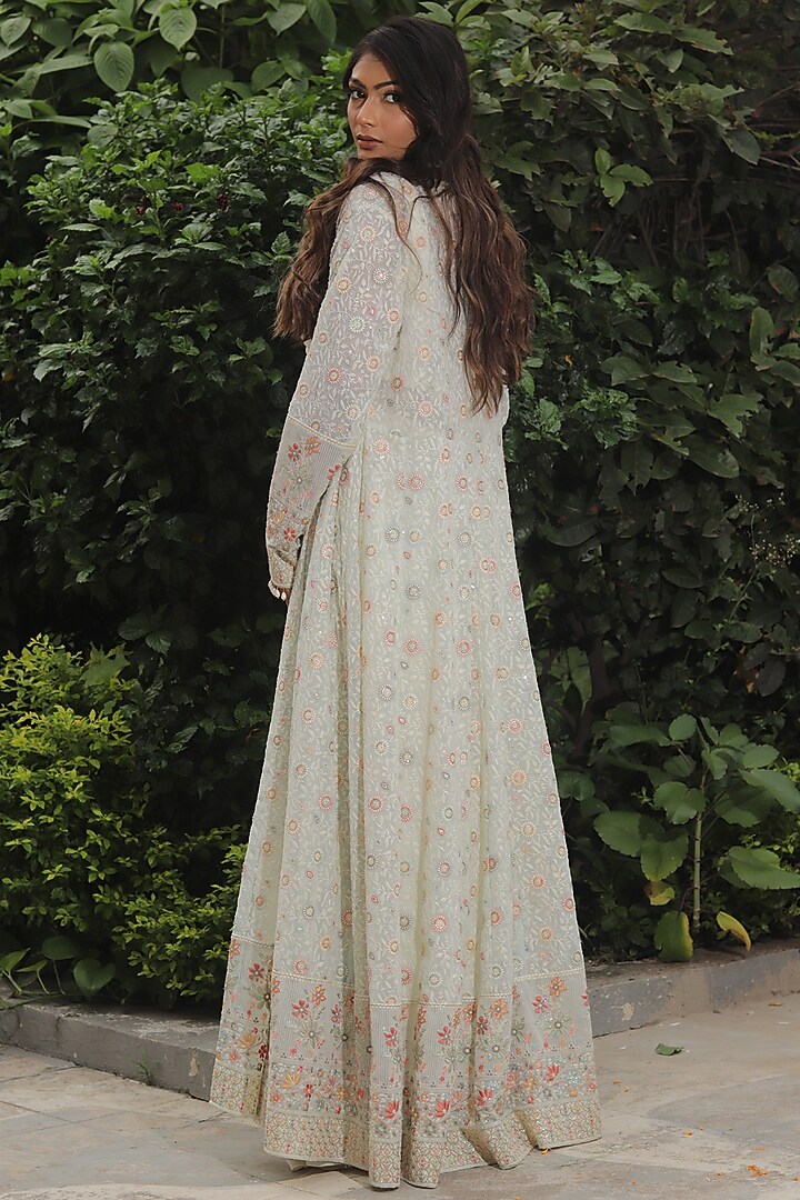 Ivory Georgette Sequins & Thread Embroidered Cape Set by SAINY GARG COUTURE at Pernia's Pop Up Shop
