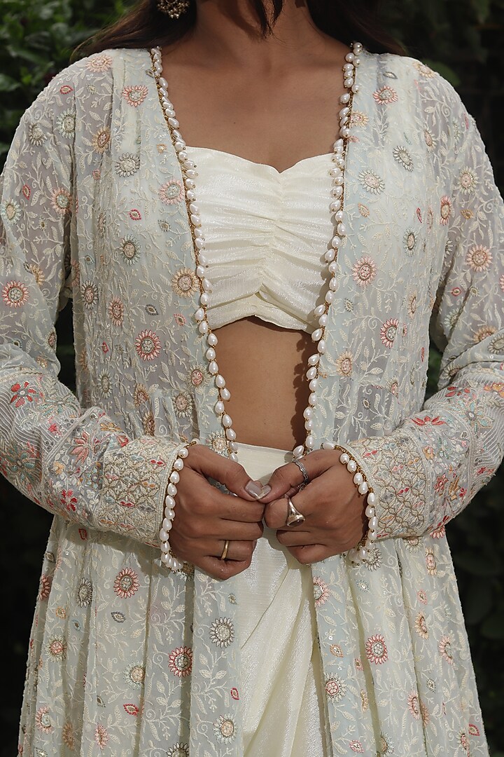 Ivory Georgette Sequins & Thread Embroidered Cape Set by SAINY GARG COUTURE at Pernia's Pop Up Shop