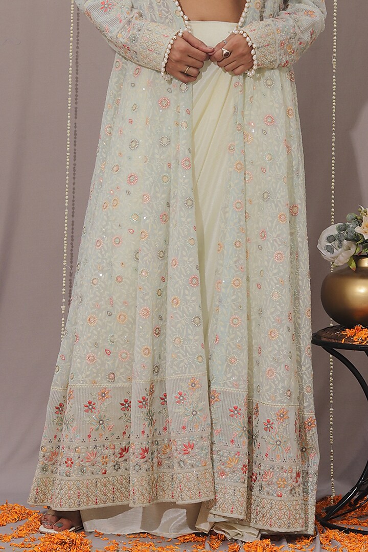 Ivory Georgette Sequins & Thread Embroidered Cape Set by SAINY GARG COUTURE at Pernia's Pop Up Shop