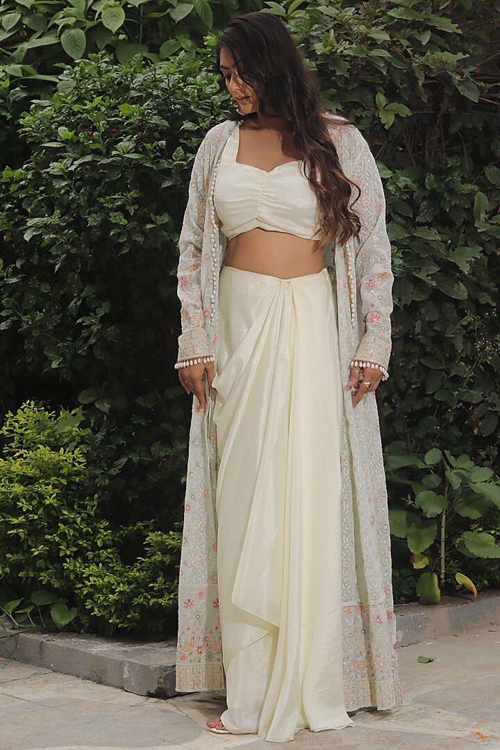 Ivory Georgette Sequins & Thread Embroidered Cape Set by SAINY GARG COUTURE at Pernia's Pop Up Shop