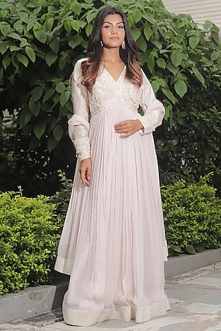 Blush Pink Pure Chiffon Pearl Embroidered Anarkali Set by SAINY GARG COUTURE