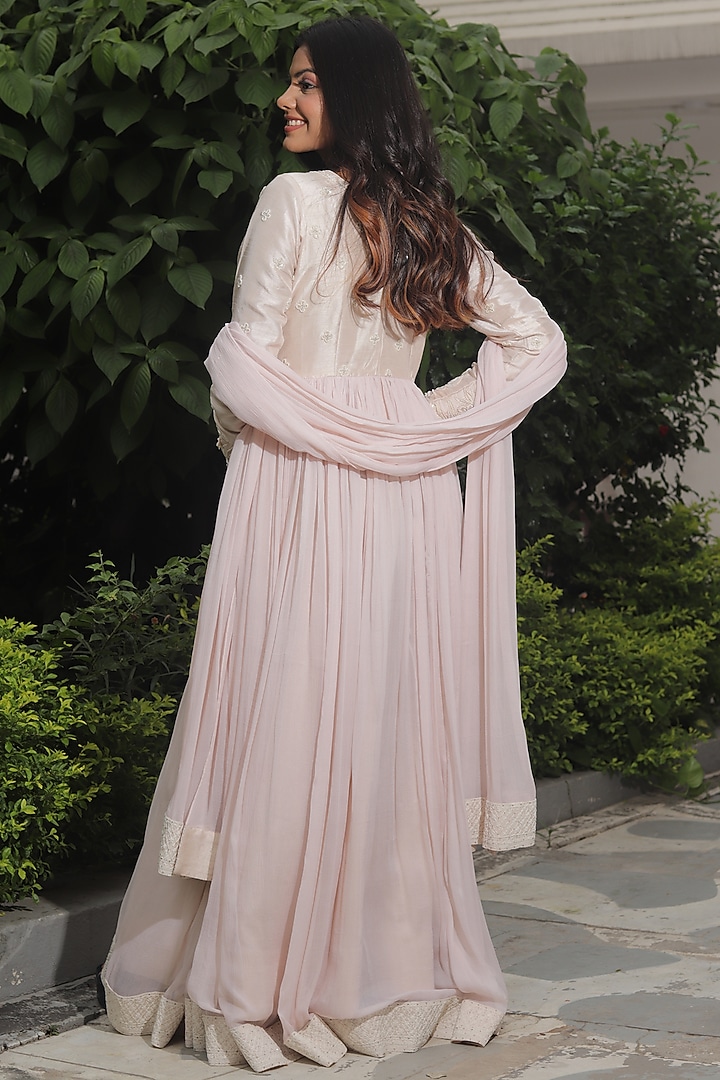 Blush Pink Pure Chiffon Pearl Embroidered Party Wear Anarkali Set by SAINY GARG COUTURE at Pernia's Pop Up Shop