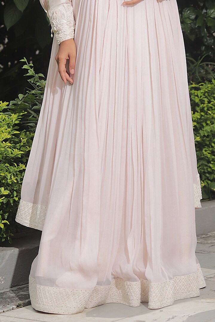 Blush Pink Pure Chiffon Pearl Embroidered Party Wear Anarkali Set by SAINY GARG COUTURE at Pernia's Pop Up Shop