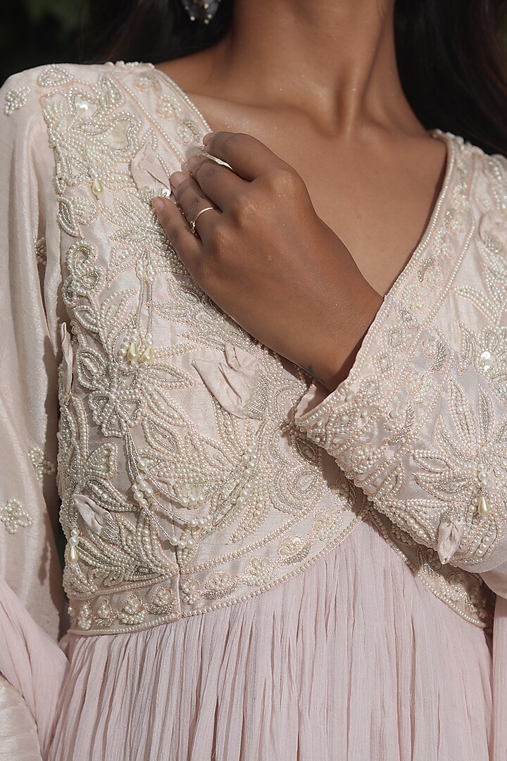 Blush Pink Pure Chiffon Pearl Embroidered Party Wear Anarkali Set by SAINY GARG COUTURE at Pernia's Pop Up Shop