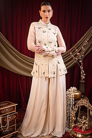 Ivory Pure Crepe Sharara Set by SAINY GARG COUTURE