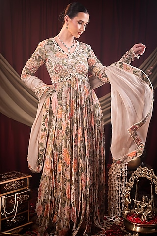Ivory Pure Chiffon Printed & Sequins Embroidered Anarkali Set by SAINY GARG COUTURE