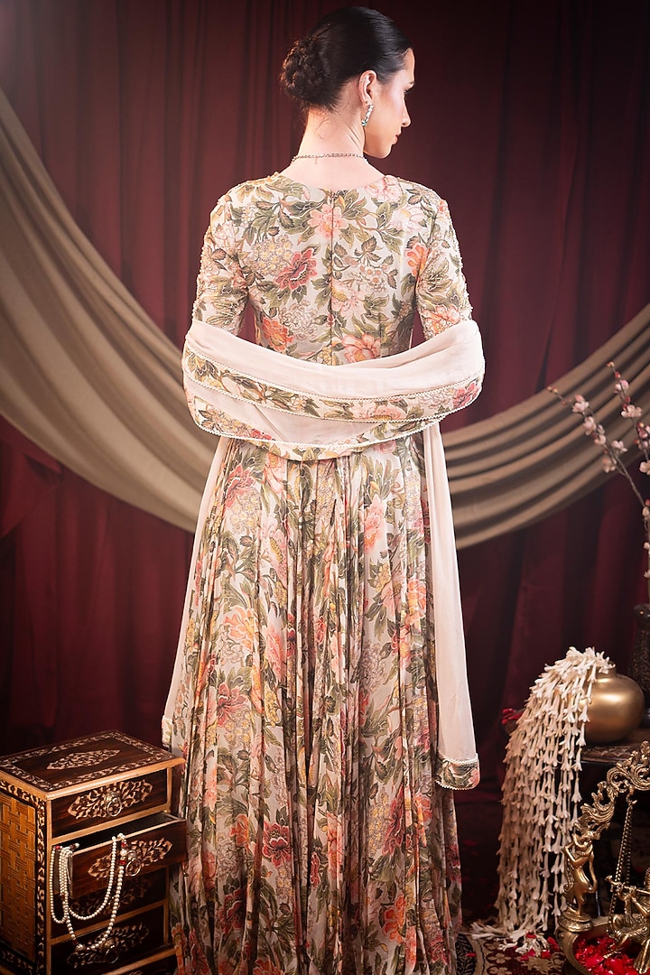 Ivory Pure Chiffon Printed & Sequins Embroidered Wedding Anarkali Set by SAINY GARG COUTURE at Pernia's Pop Up Shop