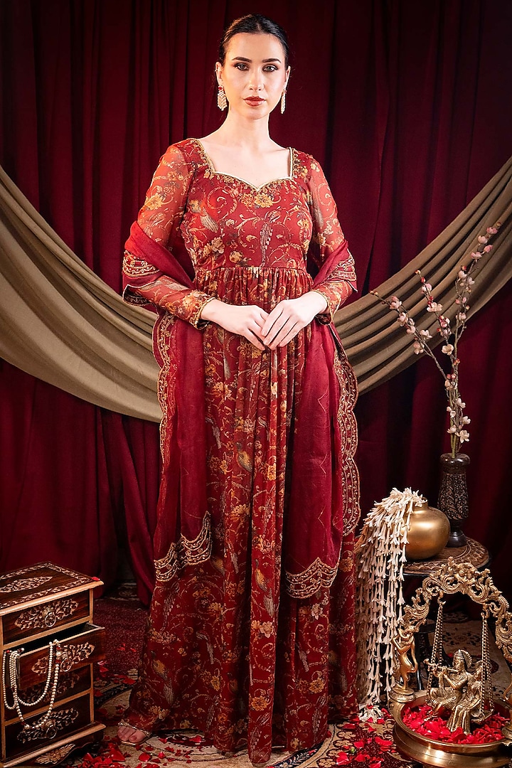 Maroon Pure Chiffon Printed & Dabka Embroidered Anarkali Set by SAINY GARG COUTURE at Pernia's Pop Up Shop