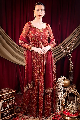 Maroon Pure Chiffon Printed & Dabka Embroidered Anarkali Set by SAINY GARG COUTURE