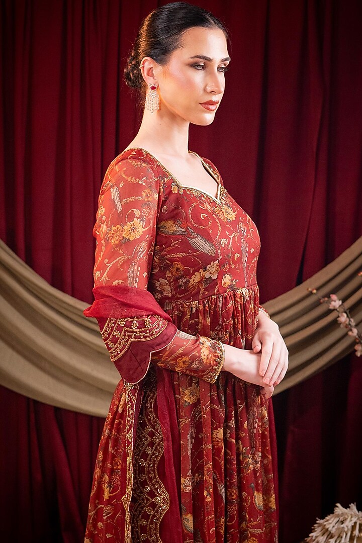 Maroon Pure Chiffon Printed & Dabka Embroidered Wedding Anarkali Set by SAINY GARG COUTURE at Pernia's Pop Up Shop