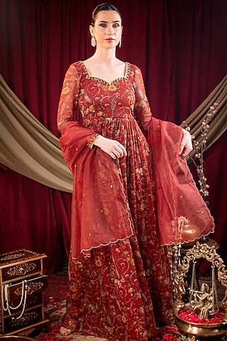Maroon Pure Chiffon Printed & Dabka Embroidered Anarkali Set by SAINY GARG COUTURE