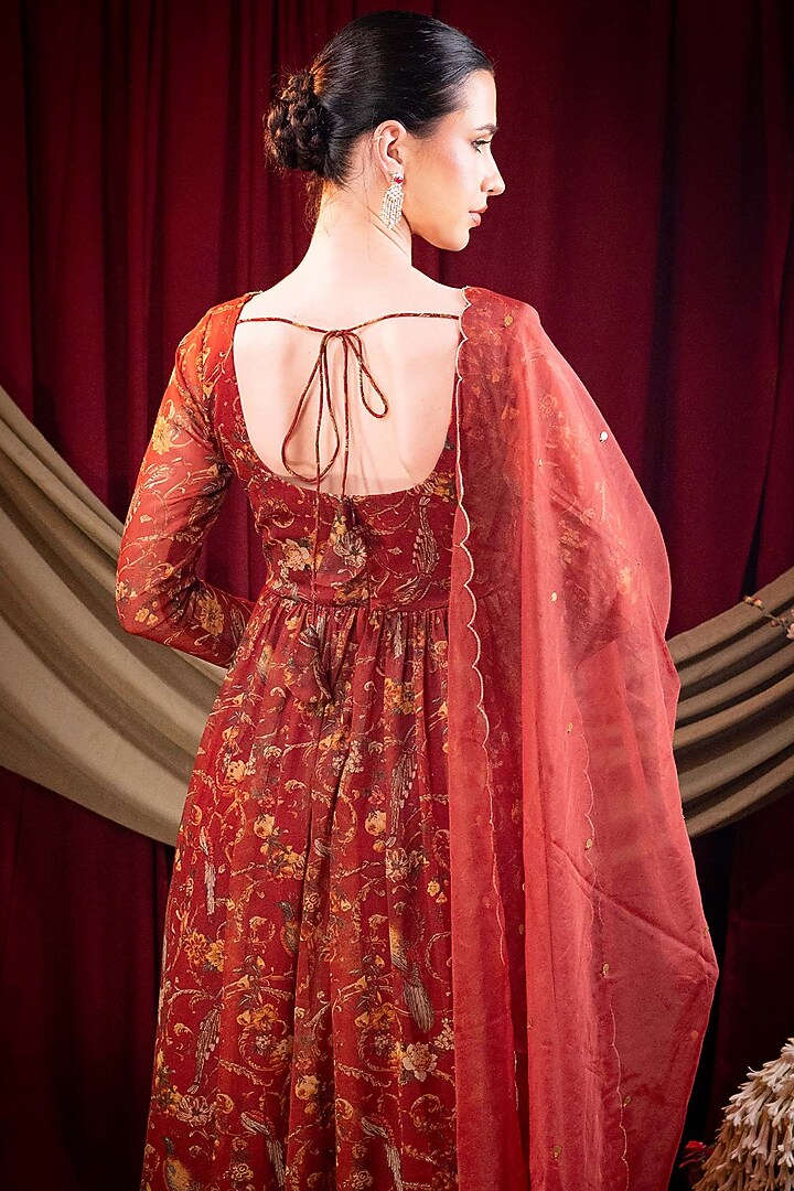 Maroon Pure Chiffon Printed & Dabka Embroidered Party Wear Anarkali Set by SAINY GARG COUTURE at Pernia's Pop Up Shop