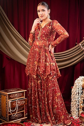 Maroon Chiffon Printed & Sequins Embroidered Sharara Set by SAINY GARG COUTURE