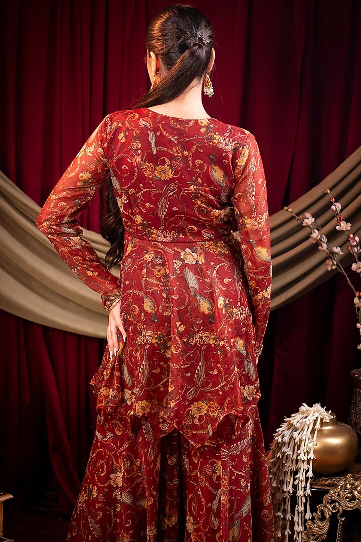 Maroon Chiffon Printed & Sequins Embroidered Party Wear Sharara Set by SAINY GARG COUTURE at Pernia's Pop Up Shop