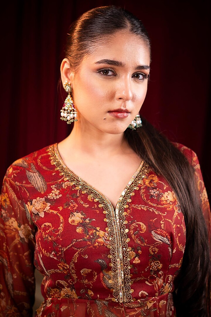 Maroon Chiffon Printed & Sequins Embroidered Party Wear Sharara Set by SAINY GARG COUTURE at Pernia's Pop Up Shop