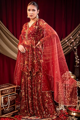 Maroon Chiffon Printed & Sequins Embroidered Sharara Set by SAINY GARG COUTURE