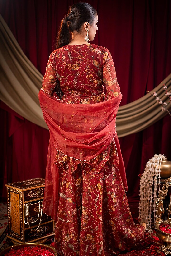 Maroon Chiffon Printed & Sequins Embroidered Party Wear Sharara Set by SAINY GARG COUTURE at Pernia's Pop Up Shop