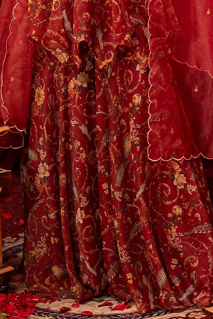 Maroon Chiffon Printed & Sequins Embroidered Party Wear Sharara Set by SAINY GARG COUTURE at Pernia's Pop Up Shop