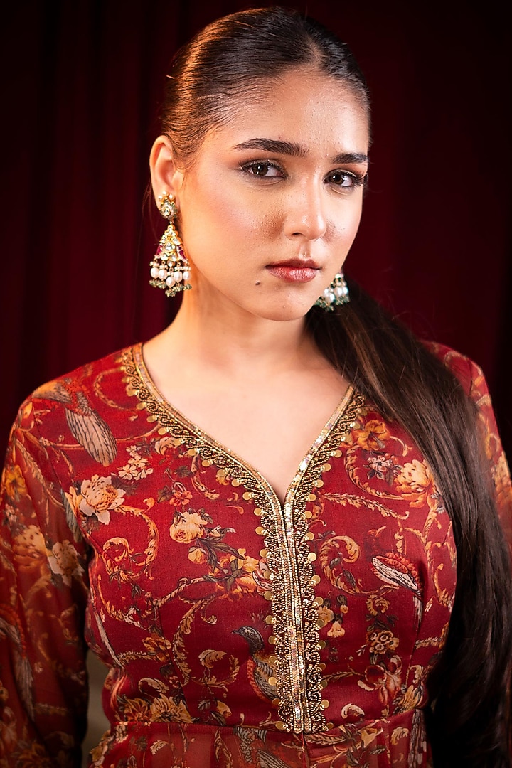 Maroon Chiffon Printed & Sequins Embroidered Party Wear Sharara Set by SAINY GARG COUTURE at Pernia's Pop Up Shop