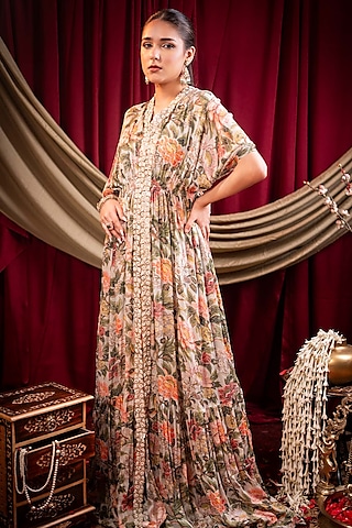 Ivory Chiffon Printed & Lace Embellished Kaftan Set by SAINY GARG COUTURE