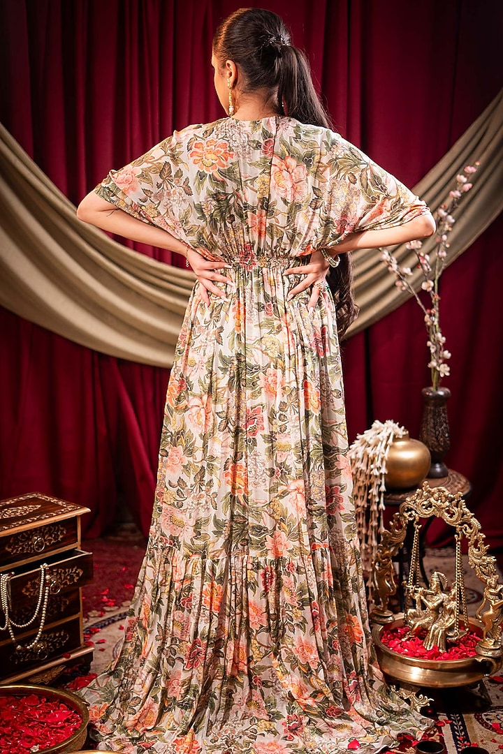 Ivory Chiffon Printed & Lace Embellished Kaftan Set by SAINY GARG COUTURE at Pernia's Pop Up Shop