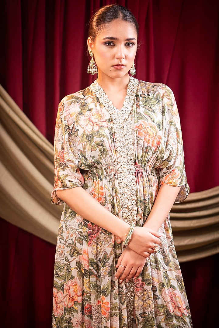 Ivory Chiffon Printed & Lace Embellished Kaftan Set by SAINY GARG COUTURE at Pernia's Pop Up Shop