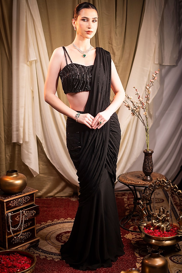 Black Georgette Cutdana Embroidered Pre-Stitched Saree Set by SAINY GARG COUTURE at Pernia's Pop Up Shop