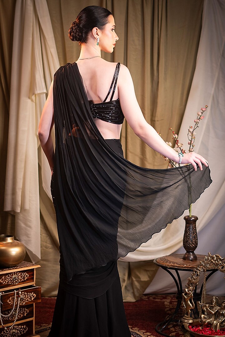 Black Georgette Cutdana Embroidered Pre-Stitched Wedding Saree Set by SAINY GARG COUTURE at Pernia's Pop Up Shop