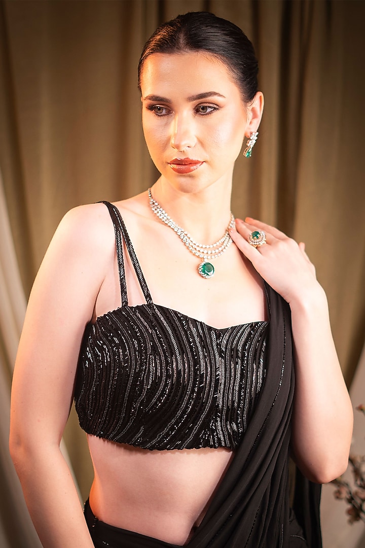 Black Georgette Cutdana Embroidered Pre-Stitched Wedding Saree Set by SAINY GARG COUTURE at Pernia's Pop Up Shop