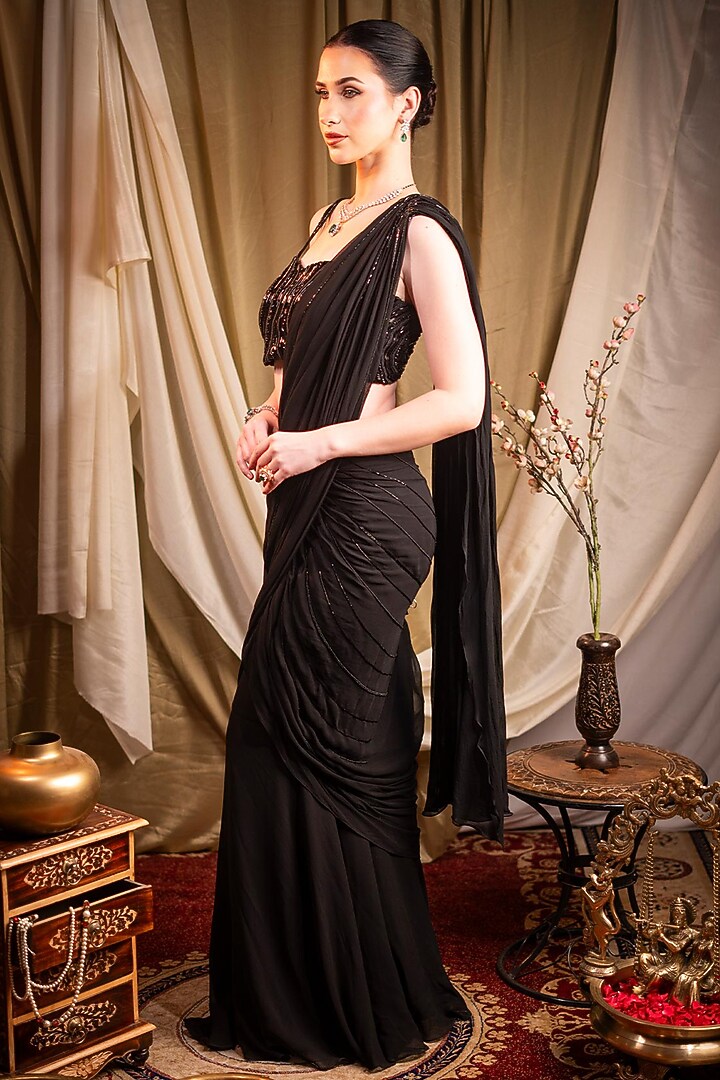Black Georgette Cutdana Embroidered Pre-Stitched Wedding Saree Set by SAINY GARG COUTURE at Pernia's Pop Up Shop