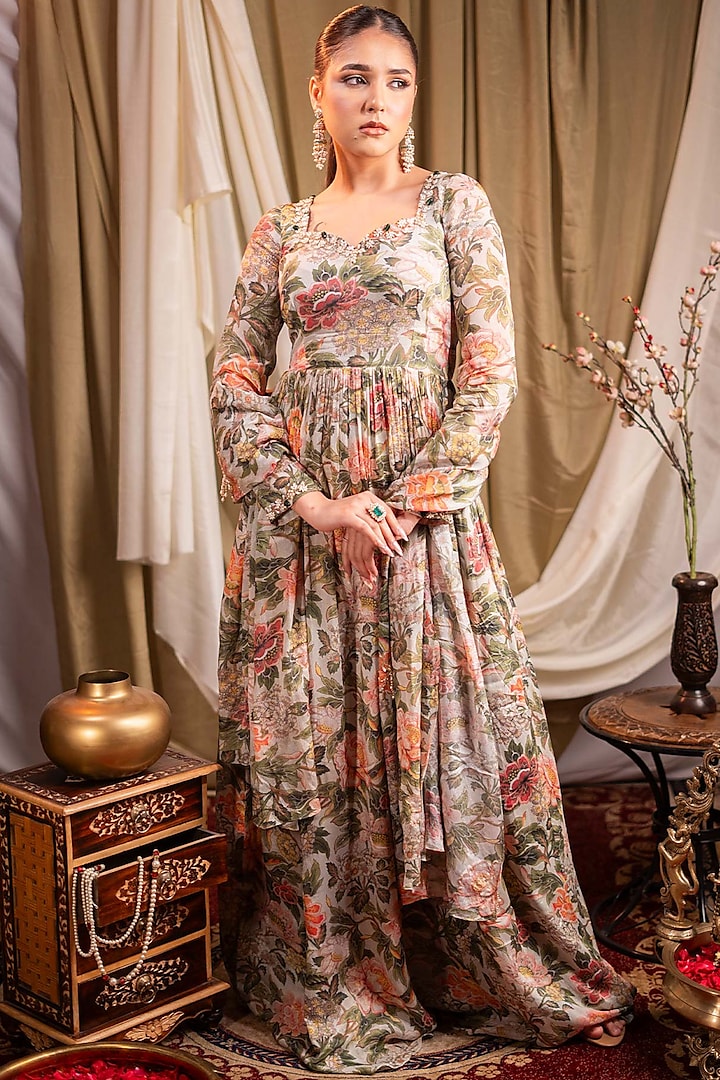 Ivory Chiffon Printed & Sequins Embroidered Anarkali Set by SAINY GARG COUTURE at Pernia's Pop Up Shop