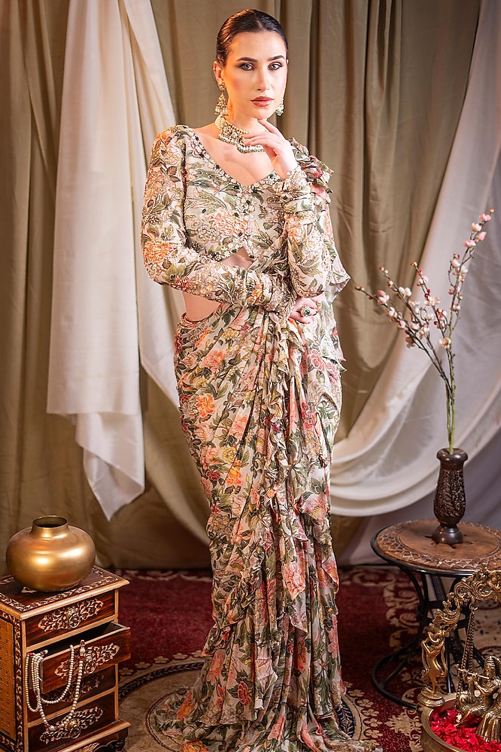 Ivory Chiffon Printed Pre-Stitched Saree Set by SAINY GARG COUTURE at Pernia's Pop Up Shop