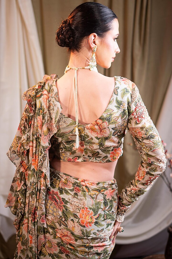 Ivory Chiffon Printed Pre-Stitched Wedding Saree Set by SAINY GARG COUTURE at Pernia's Pop Up Shop
