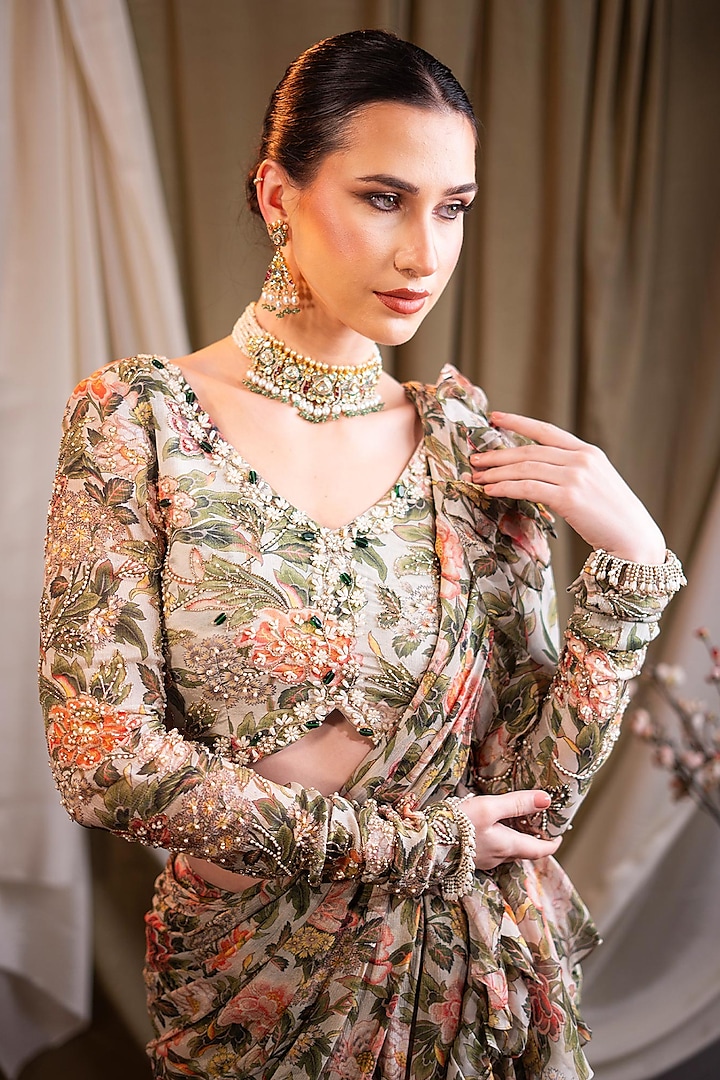 Ivory Chiffon Printed Pre-Stitched Wedding Saree Set by SAINY GARG COUTURE at Pernia's Pop Up Shop