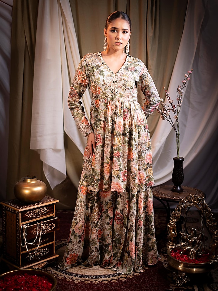 Ivory Chiffon Printed & Sequins Embroidered Sharara Set by SAINY GARG COUTURE at Pernia's Pop Up Shop