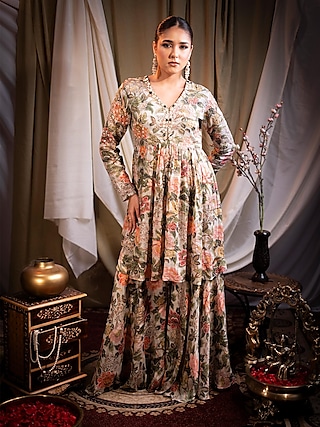 Ivory Chiffon Printed & Sequins Embroidered Sharara Set by SAINY GARG COUTURE