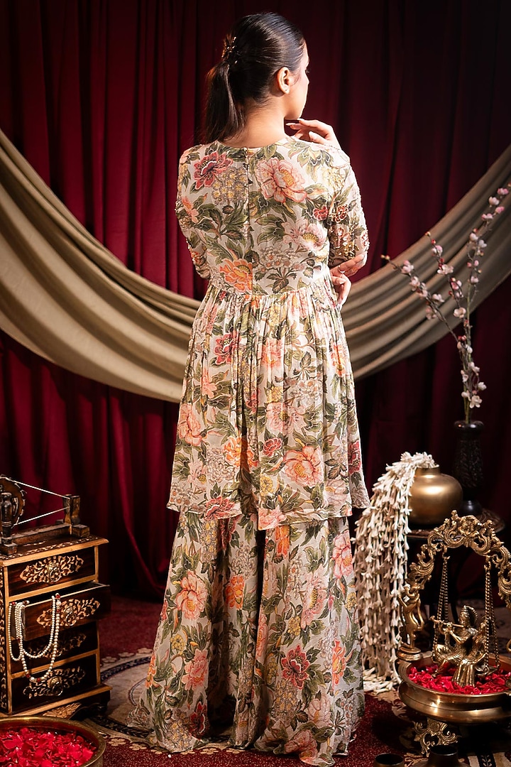 Ivory Chiffon Printed & Sequins Embroidered Party Wear Sharara Set by SAINY GARG COUTURE at Pernia's Pop Up Shop