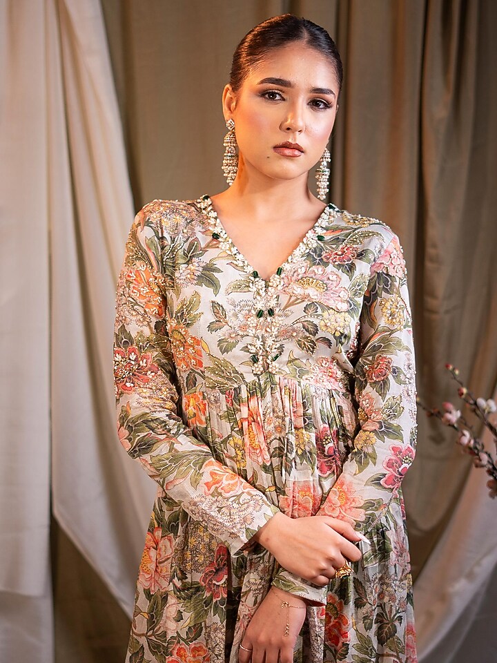 Ivory Chiffon Printed & Sequins Embroidered Party Wear Sharara Set by SAINY GARG COUTURE at Pernia's Pop Up Shop