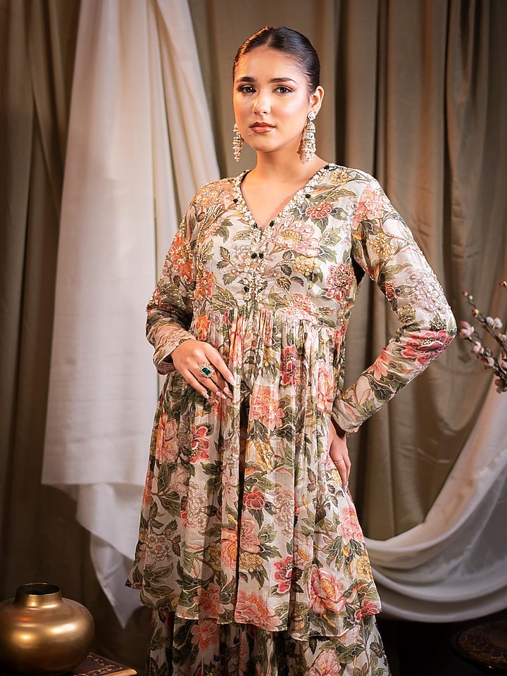Ivory Chiffon Printed & Sequins Embroidered Party Wear Sharara Set by SAINY GARG COUTURE at Pernia's Pop Up Shop