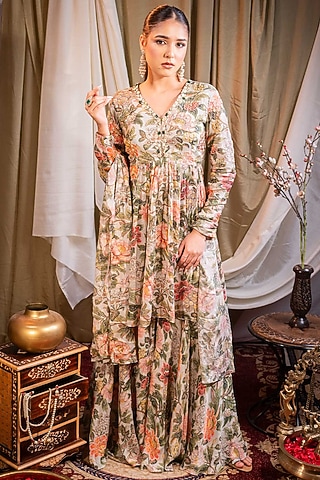 Ivory Chiffon Printed & Sequins Embroidered Sharara Set by SAINY GARG COUTURE