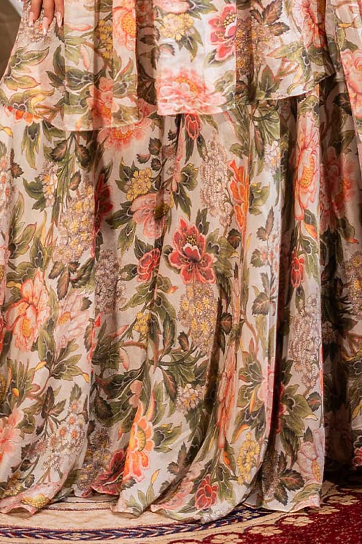 Ivory Chiffon Printed & Sequins Embroidered Party Wear Sharara Set by SAINY GARG COUTURE at Pernia's Pop Up Shop