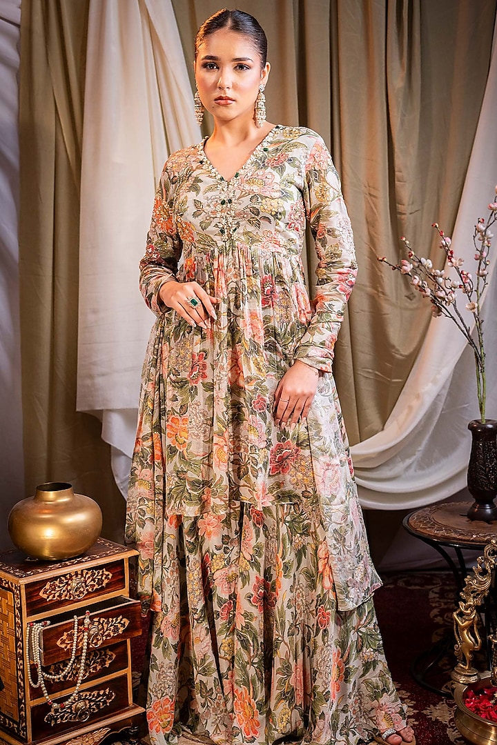 Ivory Chiffon Printed & Sequins Embroidered Party Wear Sharara Set by SAINY GARG COUTURE at Pernia's Pop Up Shop