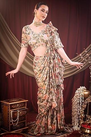Ivory Chiffon Printed Pre-Stitched Saree Set by SAINY GARG COUTURE