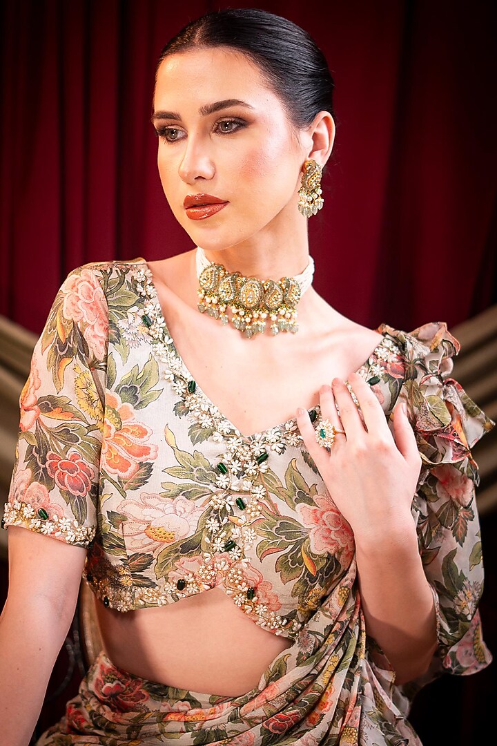 Ivory Chiffon Printed Pre-Stitched Party Wear Saree Set by SAINY GARG COUTURE at Pernia's Pop Up Shop