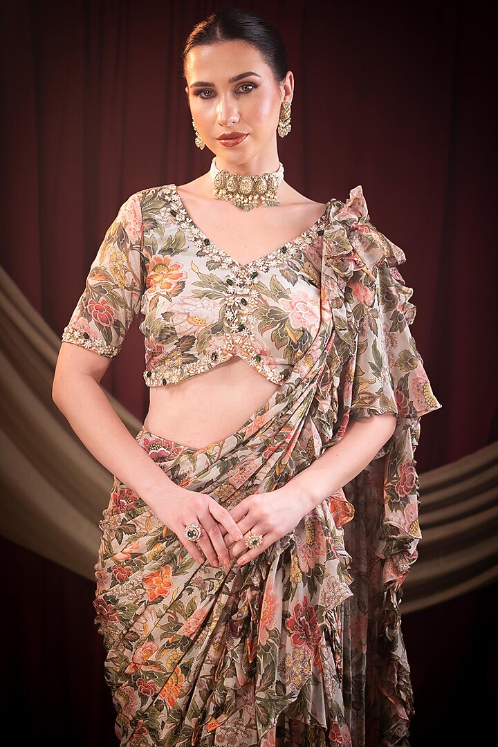 Ivory Chiffon Printed Pre-Stitched Party Wear Saree Set by SAINY GARG COUTURE at Pernia's Pop Up Shop